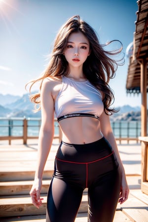 masterpiece,masterpiece:1.2,best quality,highest quality,More Detail,hyper realistic,photorealistic,small breasts,korean idol,long hair,brown hair,whole body,On the mountain,thin shirt,Leggings,sports wear,sun galss
