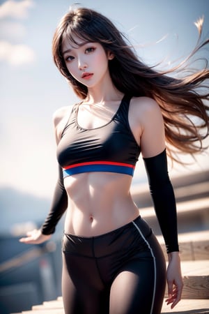 masterpiece,masterpiece:1.2,best quality,highest quality,More Detail,hyper realistic,photorealistic,small breasts,korean idol,long hair,brown hair,whole body,On the mountain,thin shirt,Leggings,sports wear
