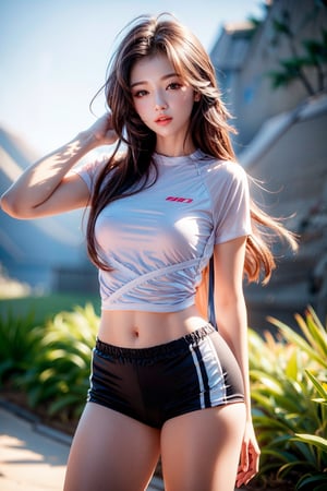 masterpiece,masterpiece:1.2,best quality,highest quality,More Detail,hyper realistic,photorealistic,small breasts,korean idol,long hair,brown hair,whole body,On the mountain,thin shirt,hot pants,sports wear