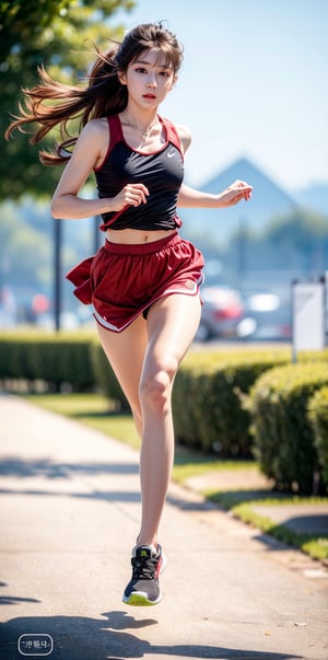 Masterpiece,Masterpiece:1.2,Best Quality,More Detail,
Hyper realistic,Photo realistic,Out focus,
Korean IDOL,25 Age,Sexy Pose,
Whole hot body,Nice legs,
Brown long hair,Small breasts,
Tank top,Min Skirt,Running shoe,
At the top of the mountain,