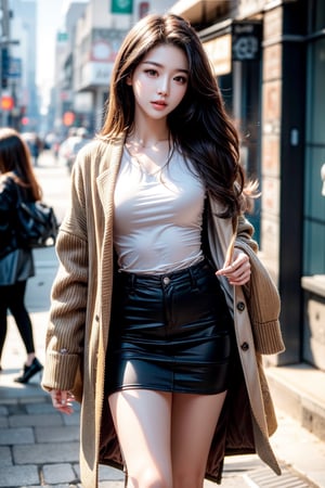 masterpiece,masterpiece:1.2,best quality,highest quality,More Detail,hyper realistic,photorealistic,small breasts,korean idol,long hair,brown hair,whole body,in the street,casual jacket,mini skirt