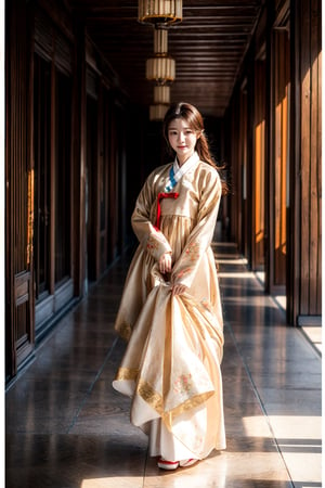 korean idol,20_old_girl,long hair,brown hair,whole body,stewardess,masterpiece,masterpiece:1.2, highest quality,small breasts, (traditional) Korean woman clothes