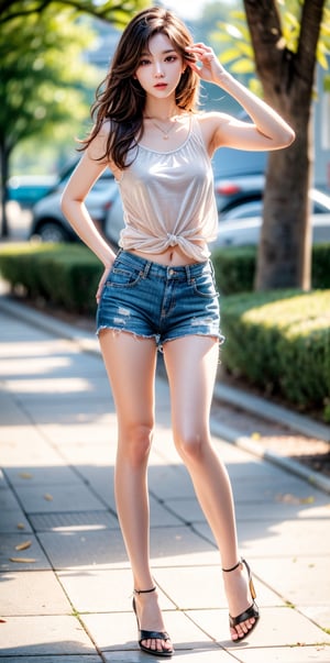 Masterpiece,Masterpiece:1.2,Best Quality,More Detail,
Hyper realistic,Photo realistic,
Korean IDOL,20 Age,Sexy Pose,
Whole hot body,Nice legs,
Brown long hair,Small breasts,
Thin shirt,Tank top,Short Pants,
In the Park