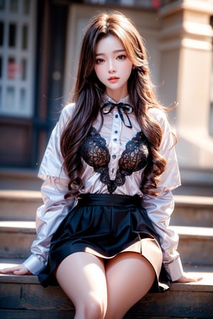 masterpiece,masterpiece:1.2,best quality,highest quality,More Detail,hyper realistic,photorealistic,small breasts,korean idol,long hair,brown hair,whole body,On the mountain,thin shirt,skirt
