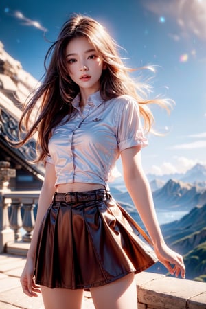 masterpiece,masterpiece:1.2,best quality,highest quality,More Detail,hyper realistic,photorealistic,small breasts,korean idol,long hair,brown hair,whole body,On the mountain,thin shirt,skirt