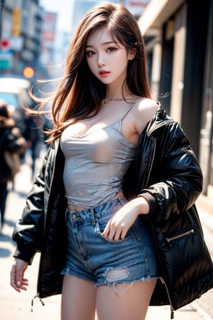 masterpiece,masterpiece:1.2,best quality,highest quality,More Detail,hyper realistic,photorealistic,small breasts,korean idol,long hair,brown hair,whole body,in the street,casual jacket,mini skirt