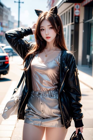 masterpiece,masterpiece:1.2,best quality,highest quality,More Detail,hyper realistic,photorealistic,small breasts,korean idol,long hair,brown hair,whole body,in the street,casual jacket,mini skirt
