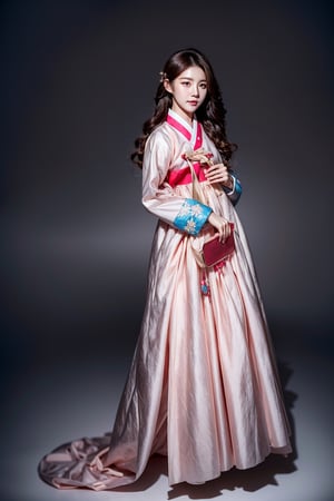 korean idol,20_old_girl,long hair,brown hair,whole body,stewardess,masterpiece,masterpiece:1.2, highest quality,small breasts, (traditional) Korean woman clothes