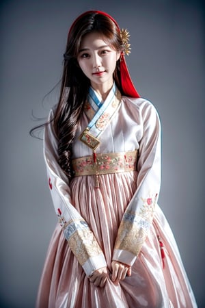 korean idol,20_old_girl,long hair,brown hair,whole body,stewardess,masterpiece,masterpiece:1.2, highest quality,small breasts, (traditional) Korean woman clothes