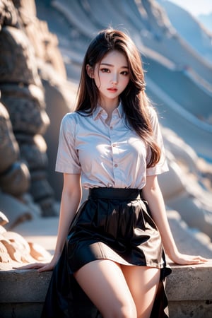 masterpiece,masterpiece:1.2,best quality,highest quality,More Detail,hyper realistic,photorealistic,small breasts,korean idol,long hair,brown hair,whole body,On the mountain,thin shirt,skirt