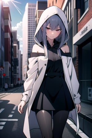 anime,girl,black_short_skirt,black_pantyhose,white_hoodie,white_jacket,red_eyes,tired,hood_up,silver_hair,long_hair,outside,sunshine,cityscape,hair_over_shoulder,long hair,black dress,bare_shoulders,asian girl