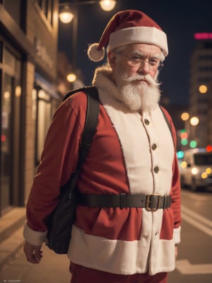 (Realistic,High Detailed,4K,HDR) Tough Santa Claus with a backpack in the city at night, looking tired.