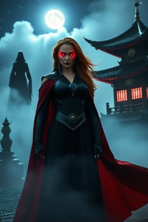 Wanda Maximoff, in the temple, night, misty, red eyes, (best quality)