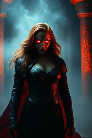 Wanda Maximoff, in the temple, night, misty, red eyes, mask, (masterpiece, best quality, highly detailed), (realistic)