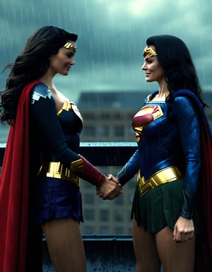 Wonder Woman on the rooftop, rainy, shaking hands with supergirl, (realistic, photo, photorealistic)