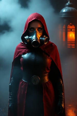 Wanda Maximoff, in the temple, night, misty, red eyes, hood, gas mask, (masterpiece, best quality, highly detailed), (realistic)