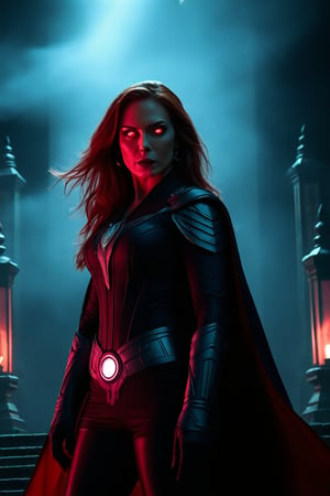 Wanda Maximoff, in the temple, night, misty, red eyes,