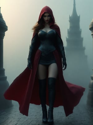 Scarlet Witch, in the temple, dawn, foggy, red eyes, hood coat, busty, thigh boots, (masterpiece, best quality, highly detailed), (realistic)