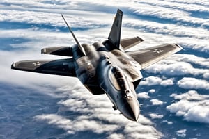 Full view, F22 raptor, in the sky, cloudy,