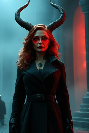 Wanda Maximoff, in the temple, night, misty, red eyes, overcoat, dear  horns, glasses, (masterpiece, best quality, highly detailed), (realistic)