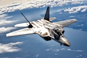 Full view, F22 raptor, in the sky, cloudy, photorealistic,