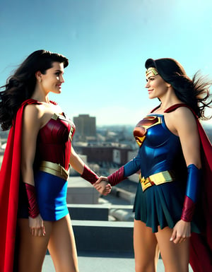 Wonder Woman on the rooftop, sunny, shaking hands with supergirl, (realistic, photo, photorealistic)