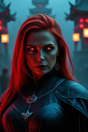 Wanda Maximoff, in the temple, night, misty, red eyes, (photorealistic)