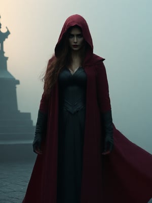 Scarlet Witch, in the temple, dawn, foggy, red eyes, hood coat, (masterpiece, best quality, highly detailed), (realistic)