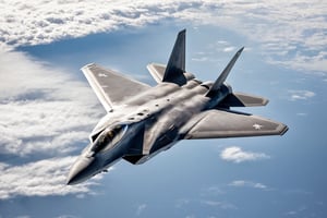 Full view, F22 raptor, in the sky, cloudy, realistic light,