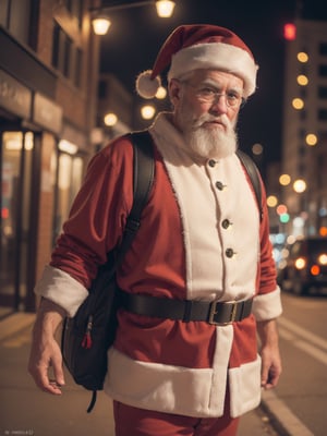 (Realistic,High Detailed,4K,HDR) Muscular Santa Claus with a backpack in the city at night, looking tired.