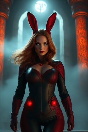 Wanda Maximoff, in the temple, night, misty, red eyes, bunny suit, (masterpiece, best quality, highly detailed), (realistic)