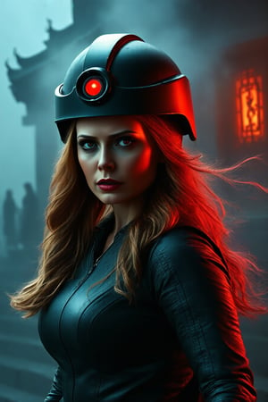 Wanda Maximoff, in the temple, night, misty, red eyes, safety  helmet, (masterpiece, best quality, highly detailed), (realistic)