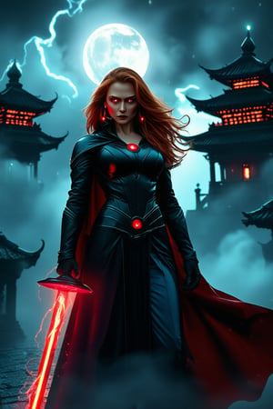 Wanda Maximoff, in the temple, night, misty, red eyes, (masterpiece, best quality, highly detailed)