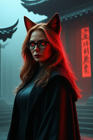 Wanda Maximoff, in the temple, night, misty, red eyes, overcoat, Fox ears, glasses, (masterpiece, best quality, highly detailed), (realistic)