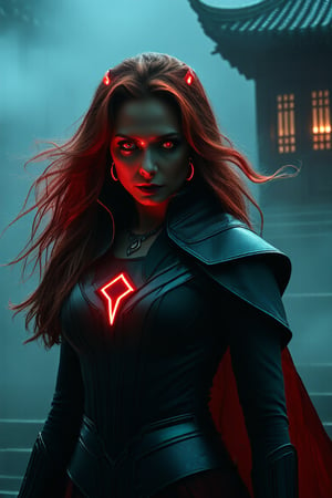 Wanda Maximoff, in the temple, night, misty, red eyes, (realistic)