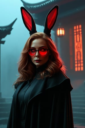 Wanda Maximoff, in the temple, night, misty, red eyes, overcoat, rabbit ears, glasses, (masterpiece, best quality, highly detailed), (realistic)