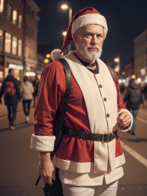 (Realistic,High Detailed,4K,HDR) Muscular Santa Claus with a backpack in the city at night, looking tired.