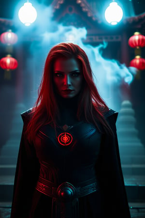 Wanda Maximoff, in the temple, night, misty, red eyes, (photo)