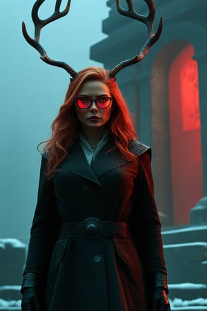 Wanda Maximoff, in the temple, night, misty, red eyes, overcoat, deer horns, glasses, (masterpiece, best quality, highly detailed), (realistic)