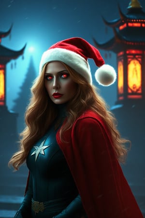 Wanda Maximoff, in the temple, night, misty, red eyes, santa hat, (masterpiece, best quality, highly detailed), (realistic)