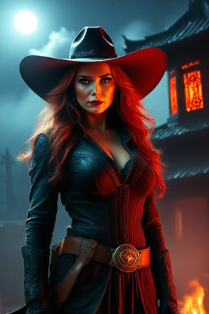 Wanda Maximoff, in the temple, night, misty, red eyes, cowboy hat, (masterpiece, best quality, highly detailed), (realistic)