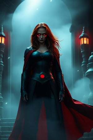 Wanda Maximoff, in the temple, night, misty, red eyes, (highly detailed)