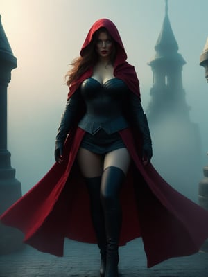 Scarlet Witch, in the temple, dawn, foggy, red eyes, hood coat, busty, thigh highs, (masterpiece, best quality, highly detailed), (realistic)