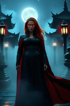 Wanda Maximoff, in the temple, night, misty, red eyes, (masterpiece)