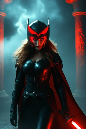 Wanda Maximoff, in the temple, night, misty, red eyes, safty helmet, (masterpiece, best quality, highly detailed), (realistic)