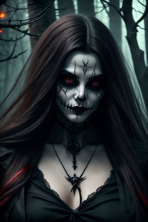 (best quality,4k,8k,highres,masterpiece:1.2),ultra-detailed,(realistic,photorealistic,photo-realistic:1.37),halloween, blood witcher, fair, hell, skeleton, vampire, demon, blood demon, spooky, creepy, fancy costume, dangers look, close-up, portrait, dark forest, misty atmosphere, glowing eyes, pale skin, smoke effects, moonlight, eerie shadows, sinister grin, gothic elements, haunting presence, mystical aura, enchanting beauty, macabre elegance, otherworldly charm, hair flowing in the wind, intense stare, blood-red lips, ethereal lighting, mysterious background, ominous fog, witchcraft symbols, supernatural powers, hauntingly beautiful, chilling vibes, menacing atmosphere, twisted branches, tangled vines, eerie silence, bone-chilling expression, ghostly appearance, piercing gaze, hauntingly pale complexion, secret incantations, unearthly presence, mystical transformations, spectral energy, supernatural allure, blood-stained garments, hair standing on end, spine-tingling sensation, sinister enchantress, midnight rituals