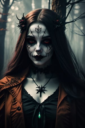 (best quality,4k,8k,highres,masterpiece:1.2),ultra-detailed,(realistic,photorealistic,photo-realistic:1.37),halloween, blood witcher, fair, hell, skeleton, vampire, demon, blood demon, spooky, creepy, fancy costume, dangers look, close-up, portrait, dark forest, misty atmosphere, glowing eyes, pale skin, smoke effects, moonlight, eerie shadows, sinister grin, gothic elements, haunting presence, mystical aura, enchanting beauty, macabre elegance, otherworldly charm, hair flowing in the wind, intense stare, blood-red lips, ethereal lighting, mysterious background, ominous fog, witchcraft symbols, supernatural powers, hauntingly beautiful, chilling vibes, menacing atmosphere, twisted branches, tangled vines, eerie silence, bone-chilling expression, ghostly appearance, piercing gaze, hauntingly pale complexion, secret incantations, unearthly presence, mystical transformations, spectral energy, supernatural allure, blood-stained garments, hair standing on end, spine-tingling sensation, sinister enchantress, midnight rituals