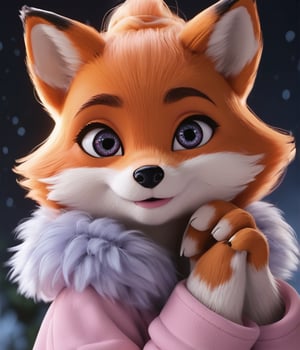 (antropomorfic ginger fox) dresed in coat, detailed eyes, detailed muzzle, half body shot, (flirting look), big cute eyes, long eyelashes, meadow, night, soft moonlight, gentle, eye catch, lips in a bow, high ponytail , no human, fluffy, with a black rose on her paw