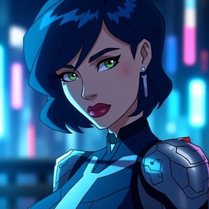 A futuristic close-up of a woman in a sleek suit, her blue hair styled in a chic bob. She's a cyborg with silver metallic plating on her arms and torso, glistening under the dim blue lighting. Her piercing green eyes gleam as she gazes directly at the camera, her facial expression a perfect blend of confidence and curiosity. The framing is tight, focusing on her striking features amidst the intricate cybernetic enhancements. In the background, a cityscape's neon lights hum with energy, reflecting off the metallic surfaces of her suit.,Mh1$AgThS2,cartoon-style,cartoon-style