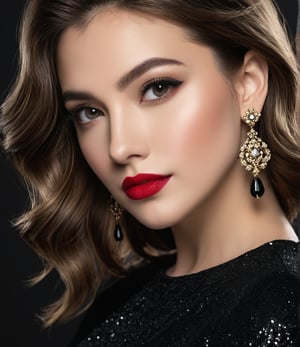  Beautiful woman, photo portrait, close-up, small elegant earrings, red matte lipstick, black  dress with lurex,  looking at the camera, dark background